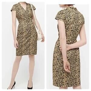 NWOT J. Crew Leopard Print V Neck Sheath Dress Size 8 Tan Cap Sleeves Career